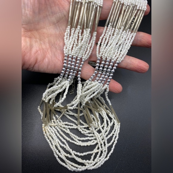 White Seed Beads & Silver Multi-Strand Necklace - Picture 3 of 6